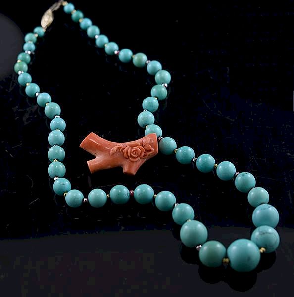 Appraisal: Turquoise necklace Coral Pin Turquoise necklace L along with a