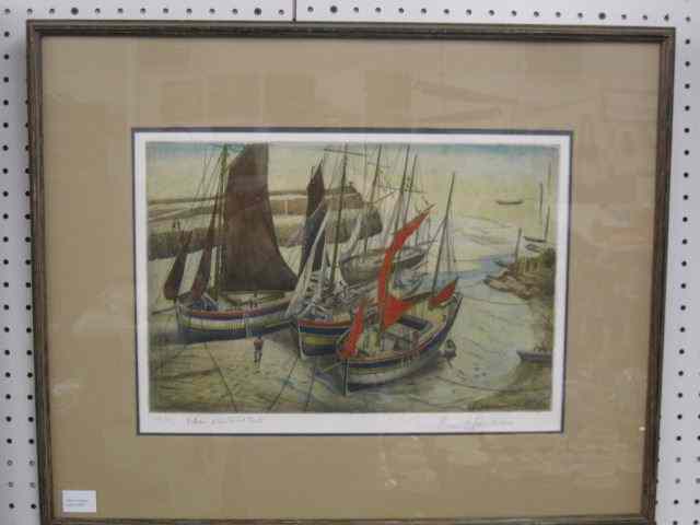 Appraisal: Edward B Hoyton handcolored engraving harbor scene of pencil signed