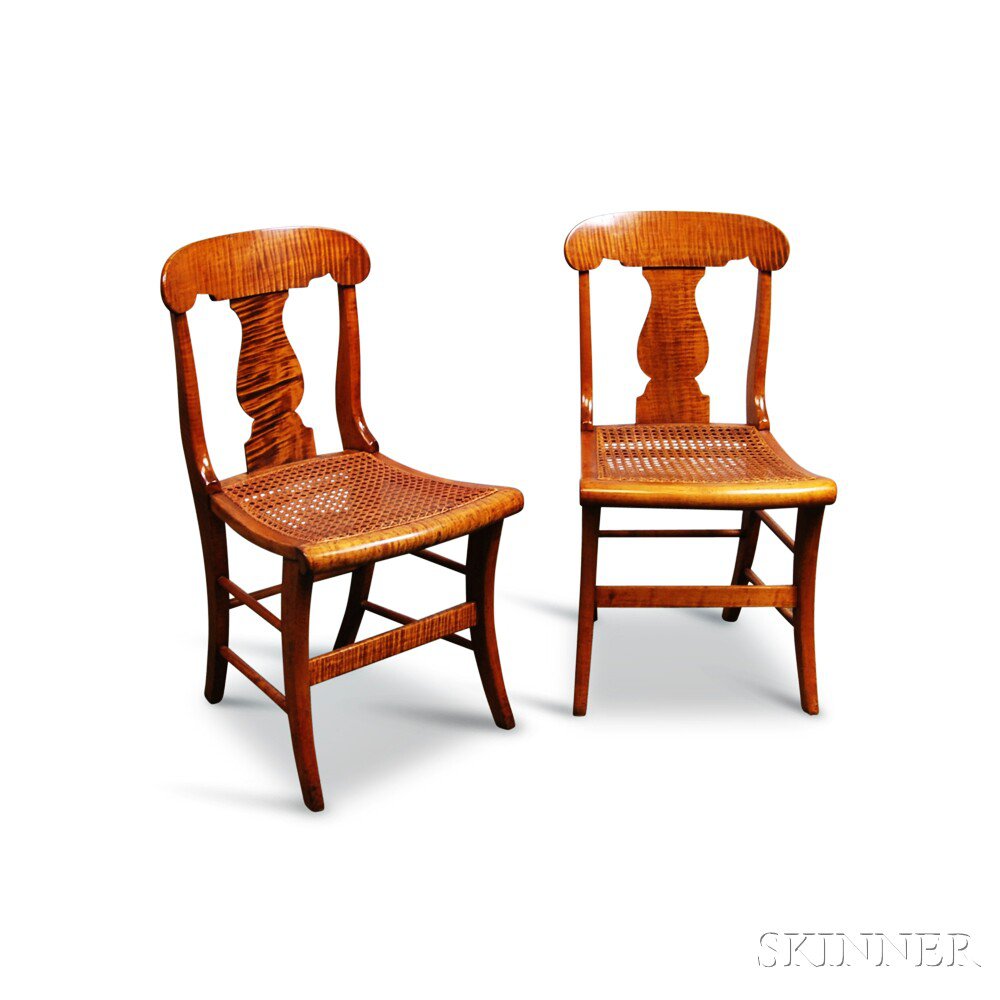 Appraisal: Pair of Classical Tiger Maple Caned Side Chairs New England