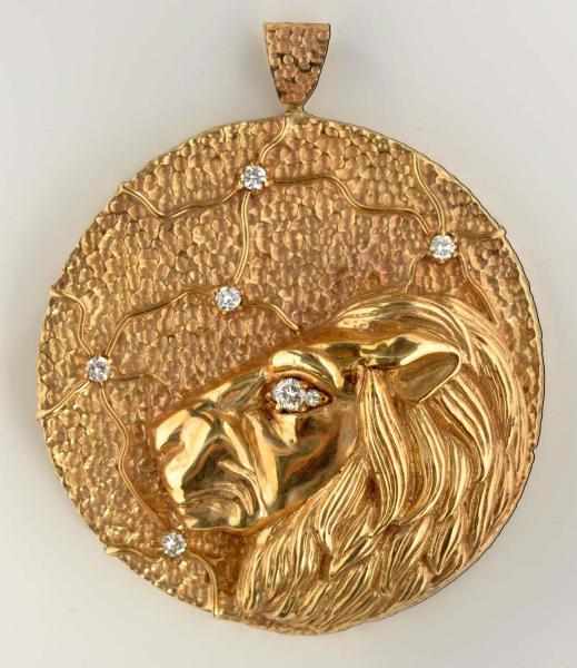 Appraisal: K Y Gold Large Lion Pendant with Diamonds Eight diamonds