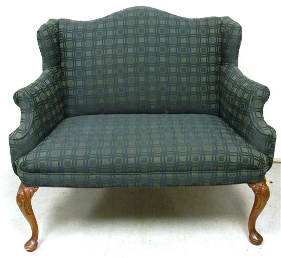 Appraisal: Wingback settee checkered green upholstery cabriole legs carved knees pad