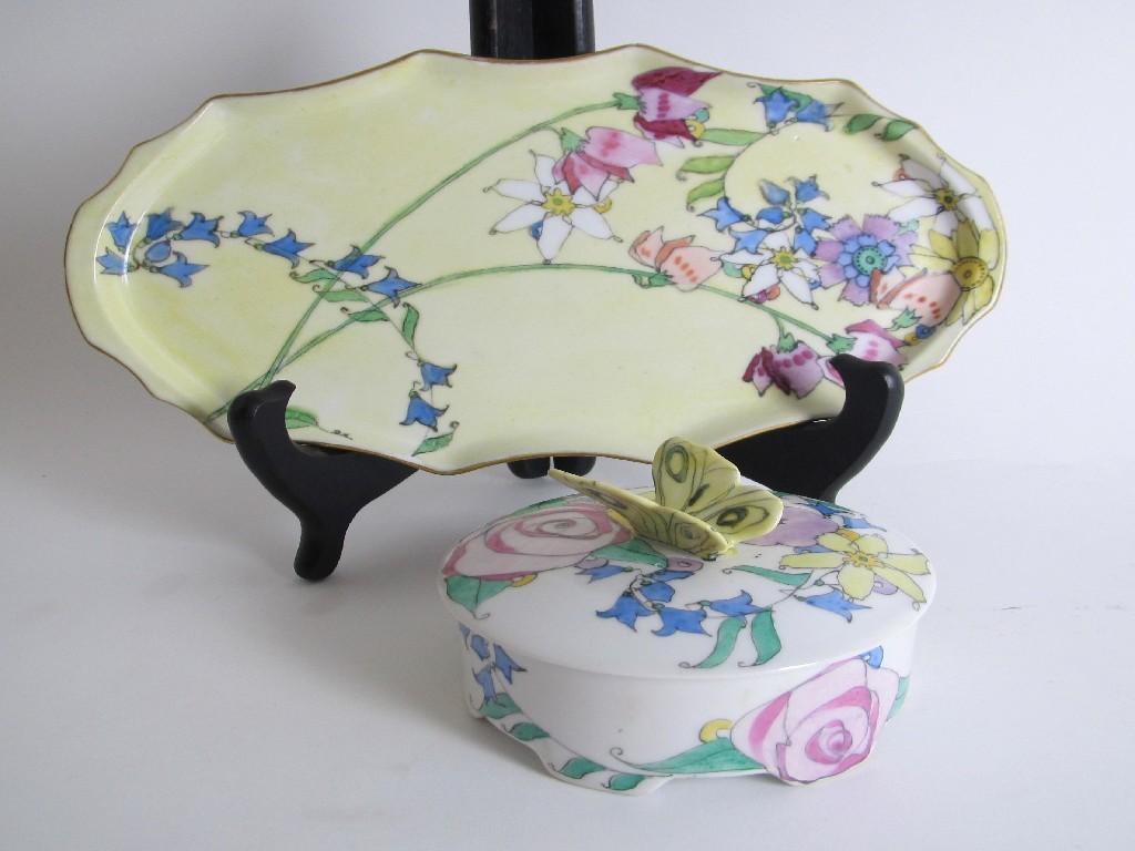 Appraisal: An Elizabeth Mary Watt handpainted circular powder pot with butterfly