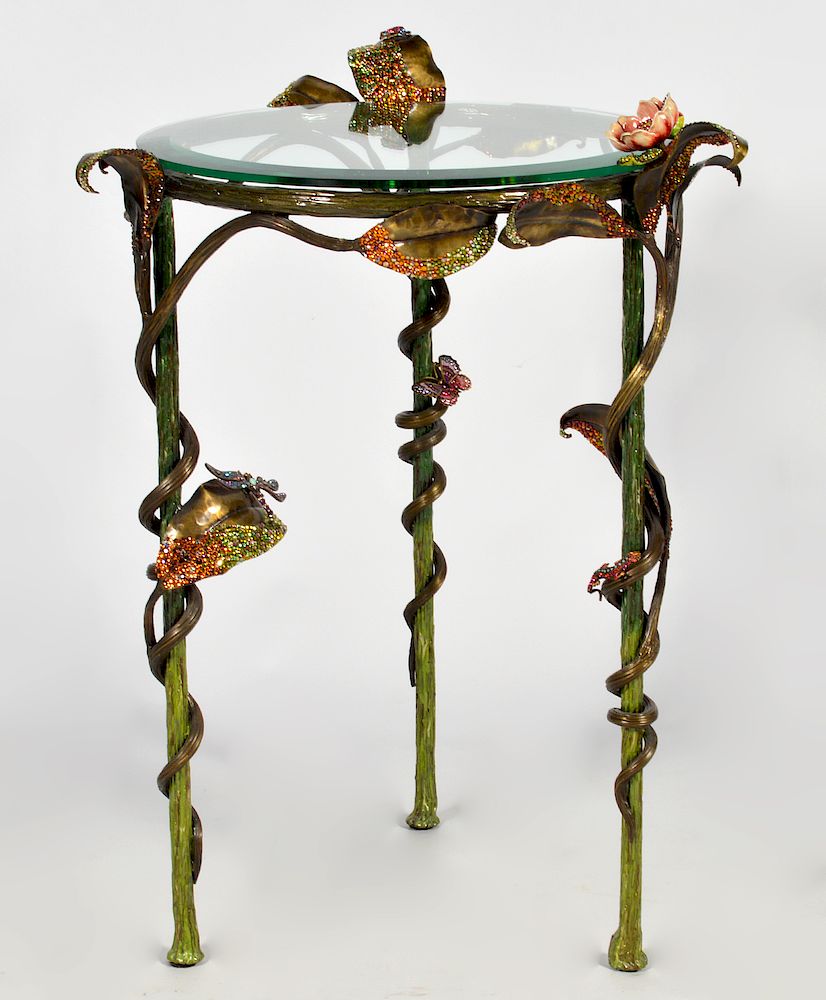 Appraisal: Jay Strongwater Enameled Jeweled Table Jay Strongwater round occasional table