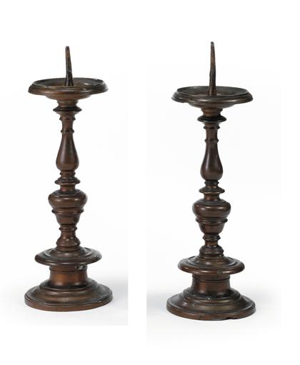 Appraisal: Pair of Flemish bronze pricket sticks th th century With