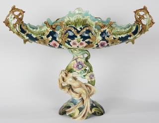 Appraisal: Continental Art Nouveau majolica figural centerpiece Continental Art Nouveau majolica