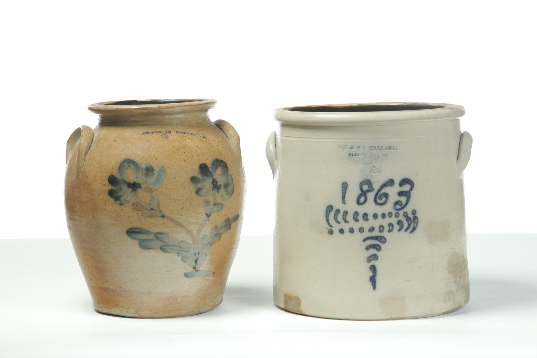 Appraisal: TWO AMERICAN STONEWARE CROCKS Mid th century Both have two