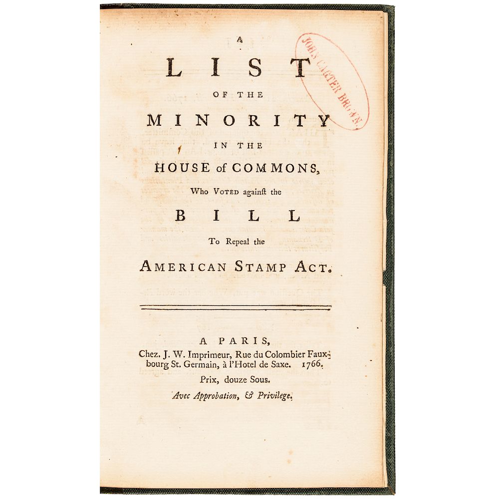 Appraisal: Rare Stamp Act Tax Imprint A List of Who Voted