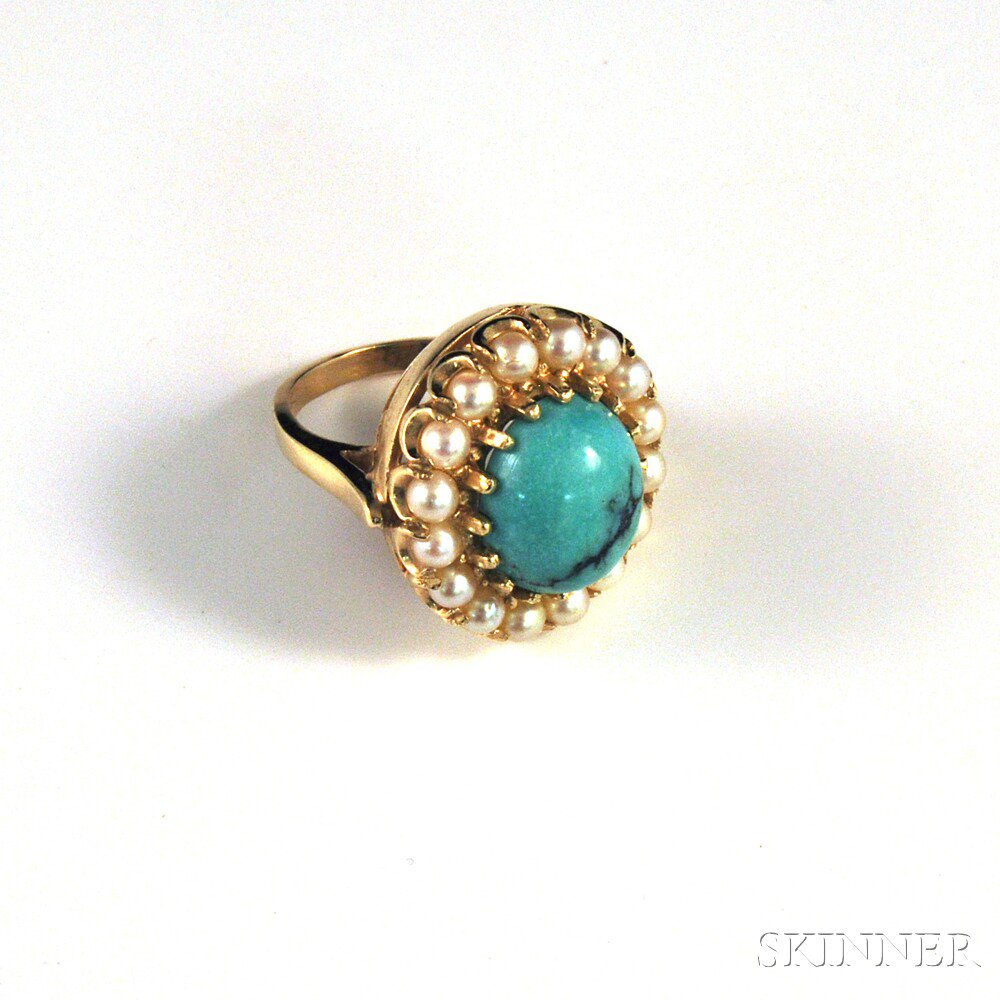 Appraisal: kt Gold Turquoise and Pearl Ring the yellow gold band