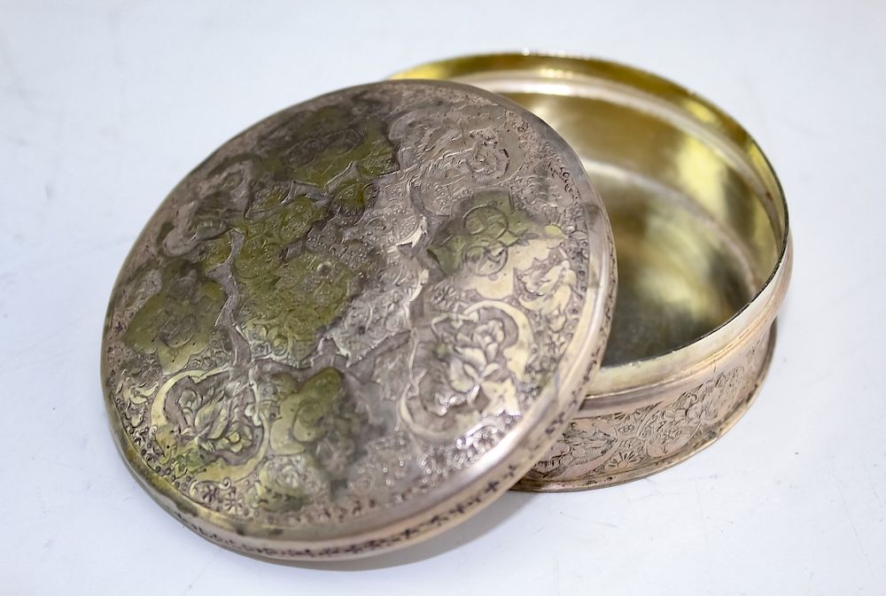 Appraisal: Ottoman Persian Silver Floral Etched Circular Box Antique Ottoman era