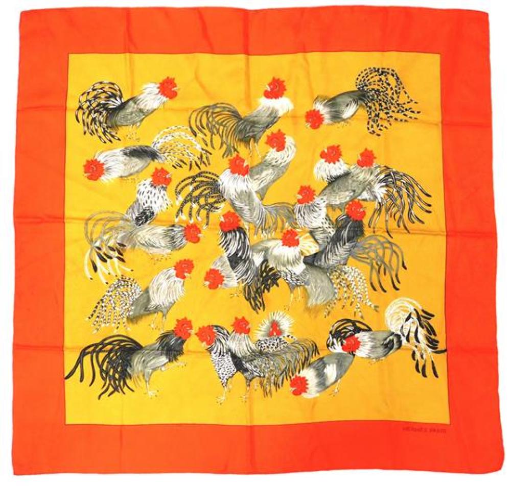 Appraisal: Herm s silk scarf Madame La Torre allover rooster design