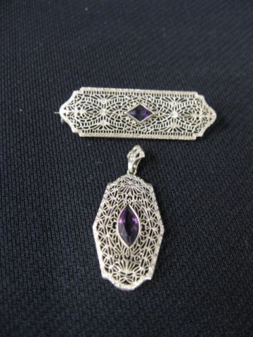 Appraisal: Antique Filagree Pin with Amethyst k white gold together with