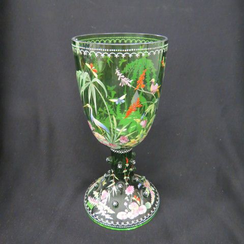 Appraisal: Moser Enameled Art Glass Chalice birds butterflies insects foliage on