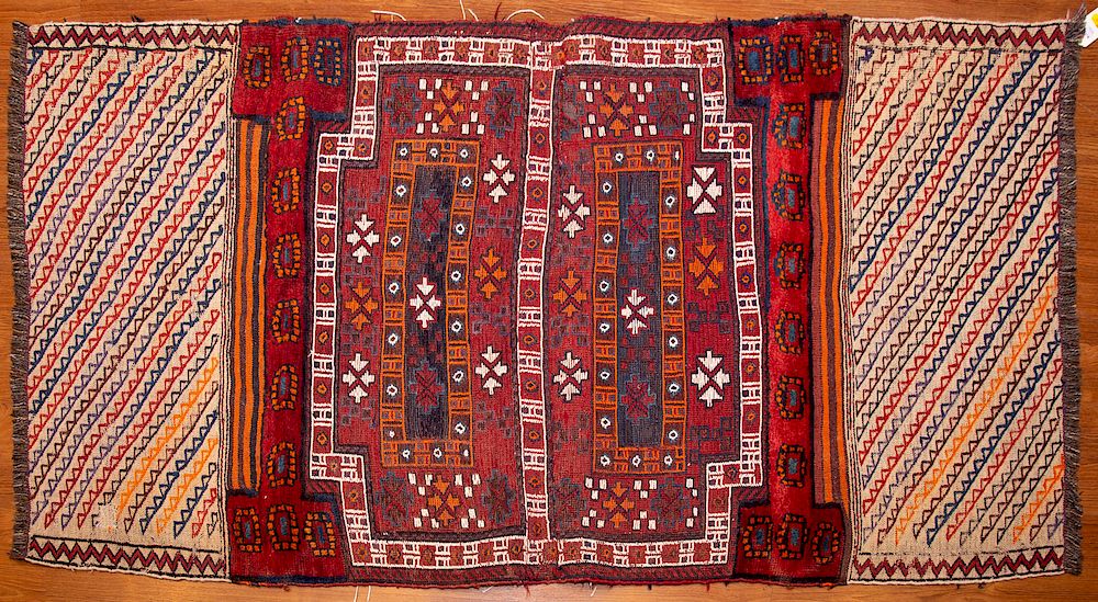 Appraisal: Turkish Saddle Rug x Soumac and hand-knotted weaves Condition Absence