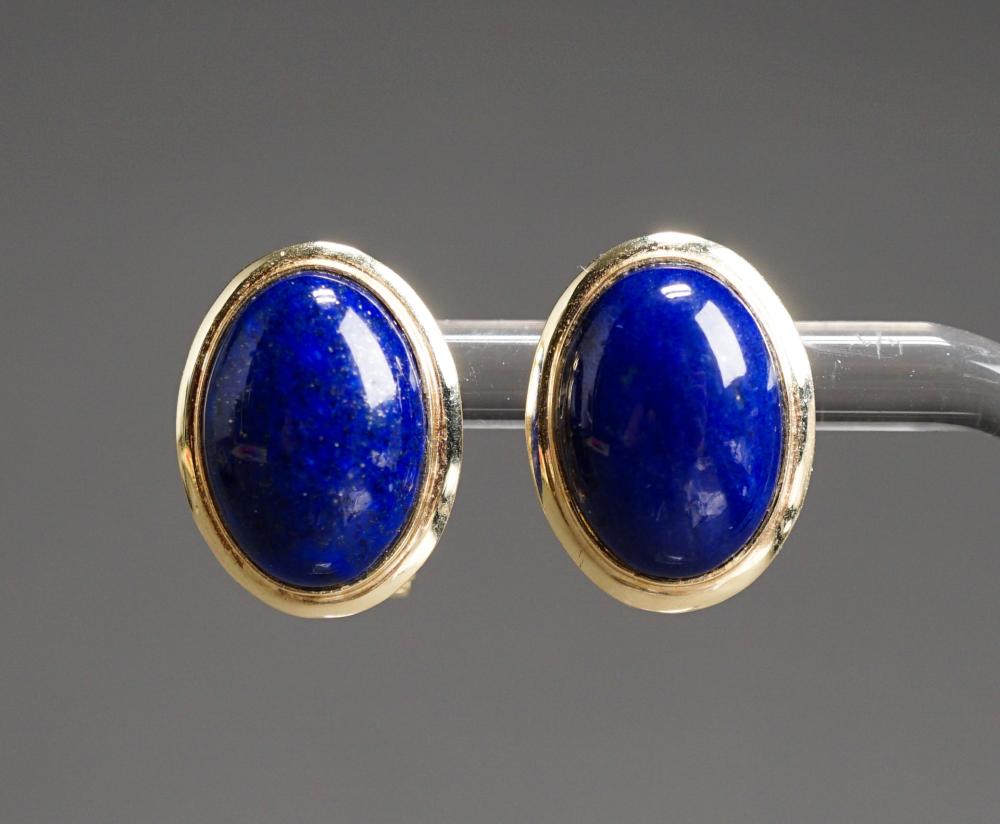 Appraisal: -KARAT YELLOW-GOLD AND LAPIS LAZULI FRENCH CLIP BACK PIERCED EARRINGS