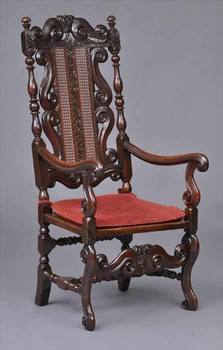 Appraisal: CHARLES II CARVED WALNUT ARMCHAIR Branded three times D H