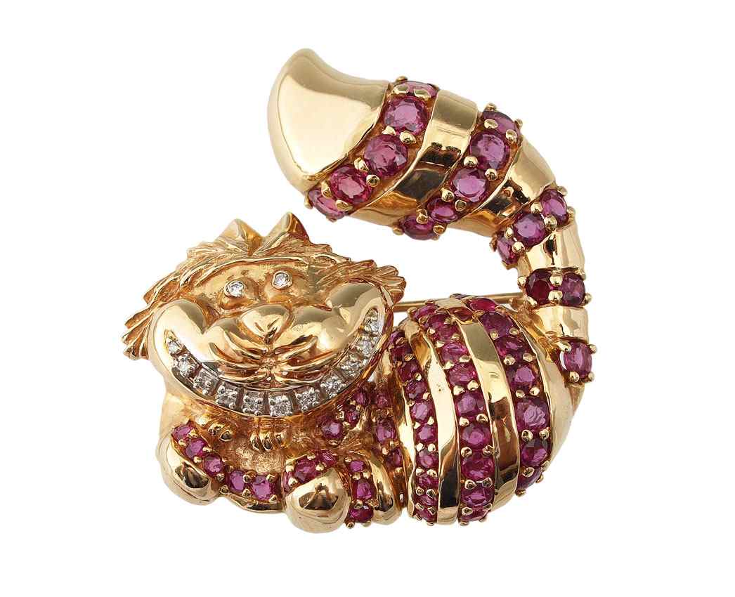 Appraisal: K DISNEY RUBY DIAMOND CHESHIRE CAT BROOCH K yellow gold