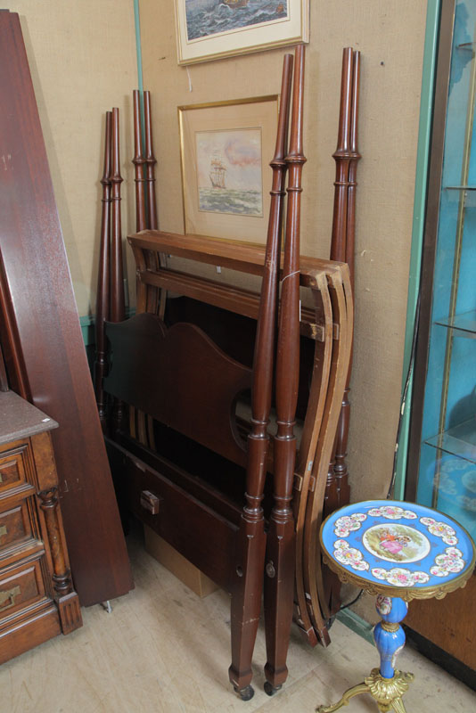 Appraisal: PAIR TWIN BEDS Walnut pencil post beds with canopies finials