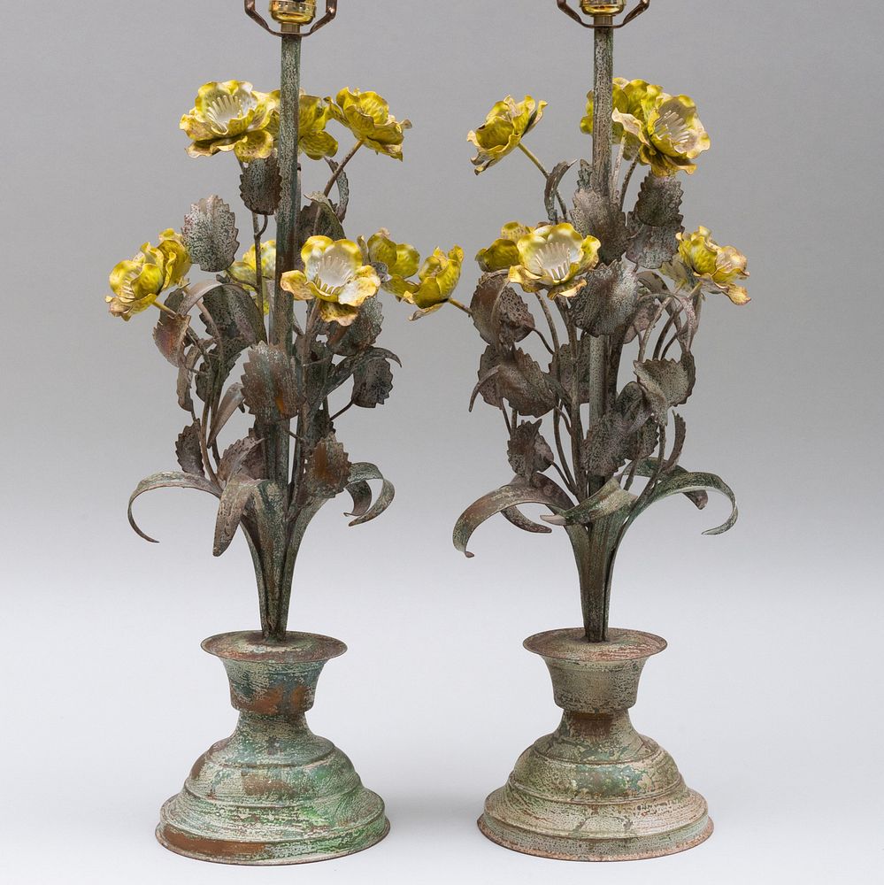 Appraisal: Pair of T le Peinte Floral Lamps x in diam