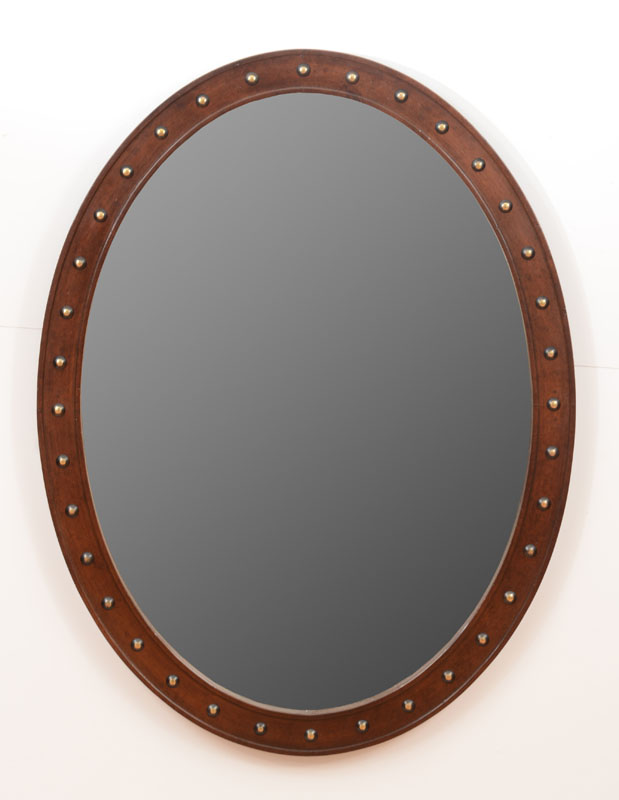 Appraisal: Regency Style Brass-Studded Oval Mahogany Mirror ft in x in