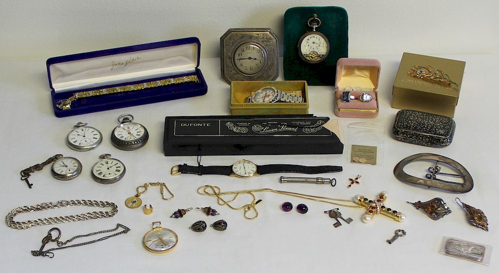 Appraisal: JEWELRY Miscellaneous Gold Silver and Costume Includes a Doxa openface