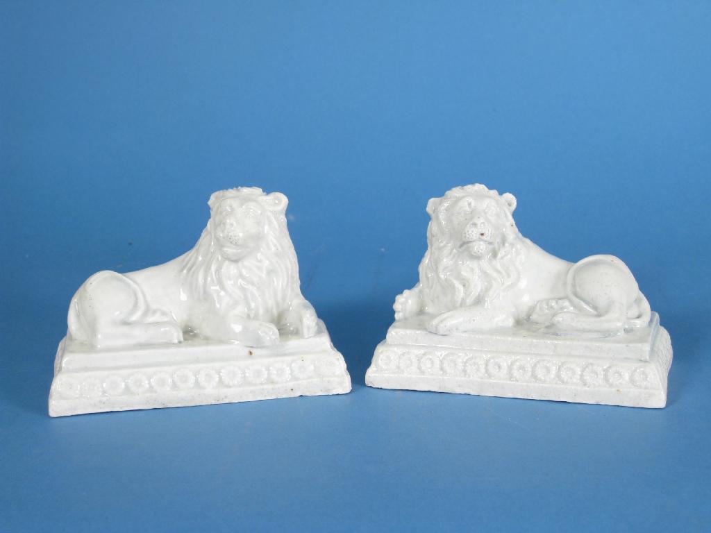 Appraisal: Pair of pearlware Figures of recumbant Lions on rosette moulded