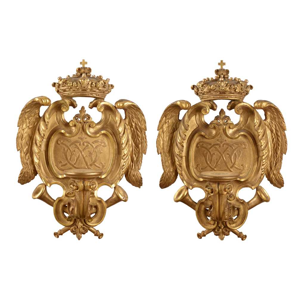 Appraisal: PAIR OF CARVED GILTWOOD WALL SCONCES TH CENTURY the cartouche