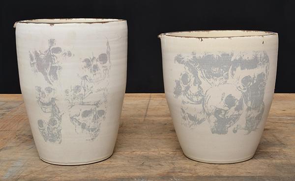 Appraisal: TWO STONEWARE VASES DECORATED BY DAVID BROMLEY SIGNED TO BASE