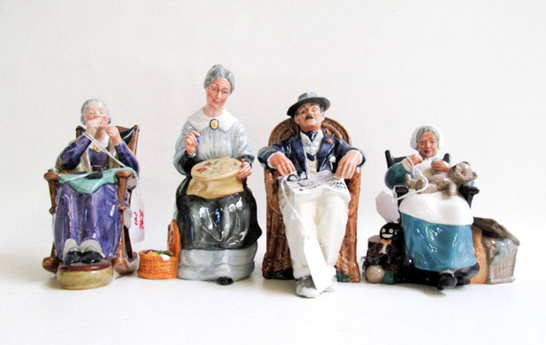 Appraisal: FOUR ROYAL DOULTON BONE CHINA FIGURINES A Stitch in Time