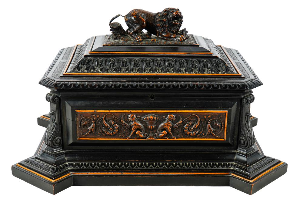 Appraisal: CARVED WOOD TABLETOP COFFERthe domed hinged lid surmounted by a