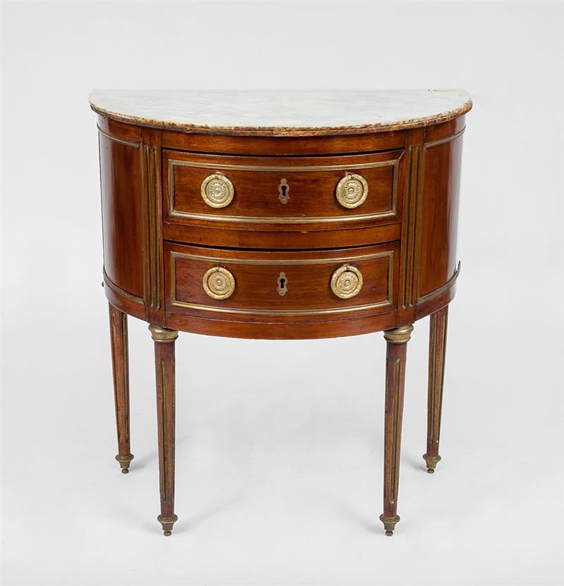 Appraisal: Louis XVI Style Brass-Mounted Mahogany Demilune Two-Drawer Commode x x