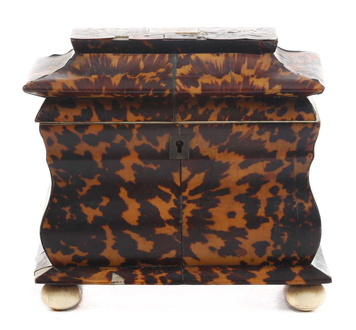 Appraisal: George IV bombe-form tortoiseshell tea caddy circa with mother-of-pearl inlay