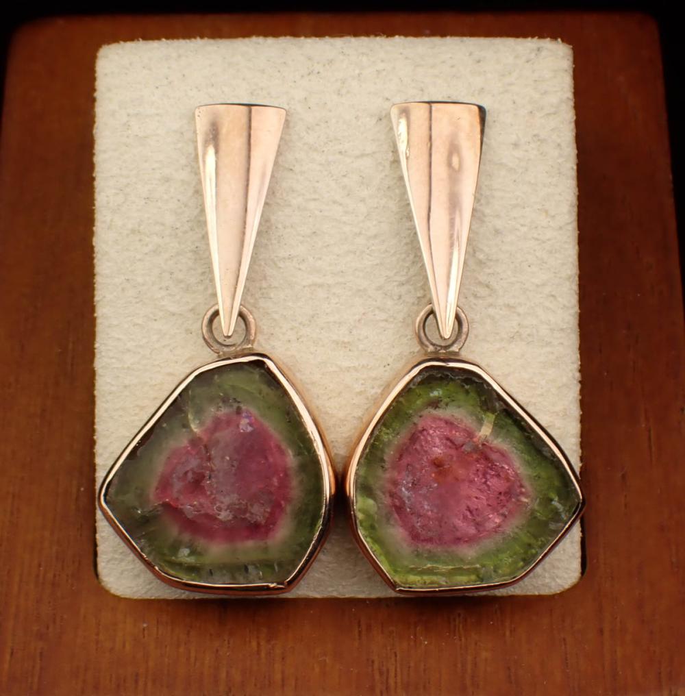 Appraisal: PAIR OF WATERMELON TOURMALINE DANGLE EARRINGS each k yellow gold