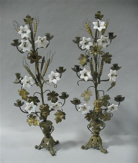 Appraisal: PAIR OF WHITE GLASS AND GILT-METAL CANDELABRA Each fashioned as