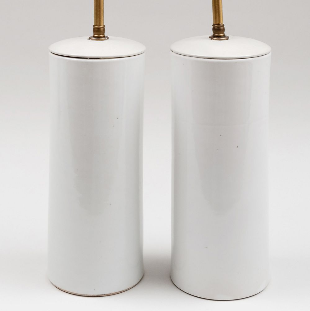 Appraisal: Pair of Cylindrical White Glazed Porcelain Vases Mounted as Lamps