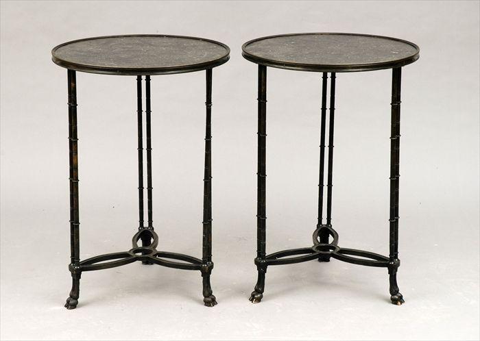 Appraisal: Pair of Directoire-Style Patinated Brass Faux-Bamboo Marble-Top Gueridons in in