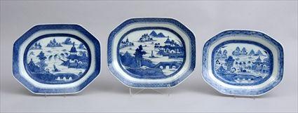 Appraisal: NEST OF THREE CANTON BLUE AND WHITE CHAMFERED RECTANGULAR PLATTERS