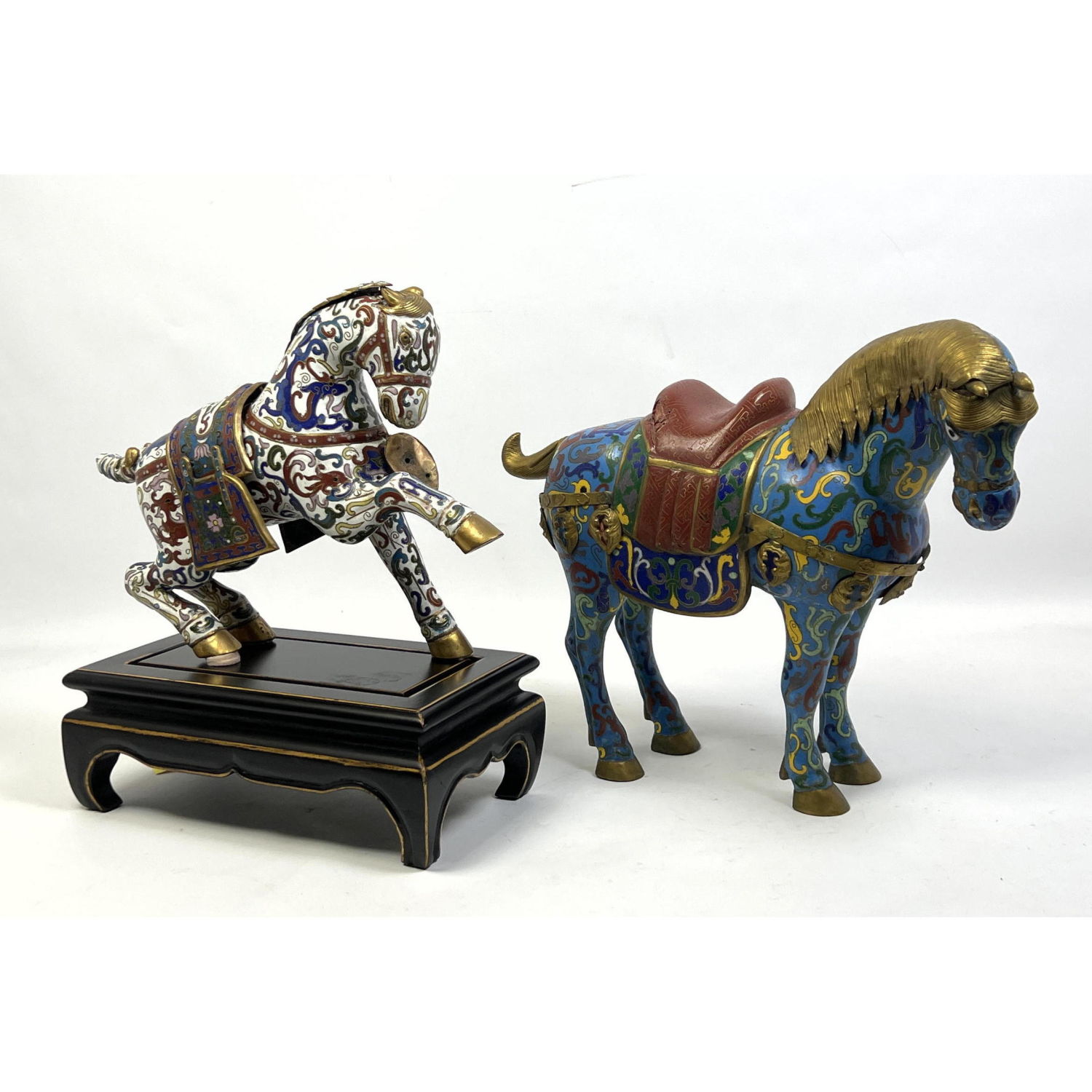 Appraisal: pc Cloisonne Enamel Asian Horse Sculptures Smaller horse figure on