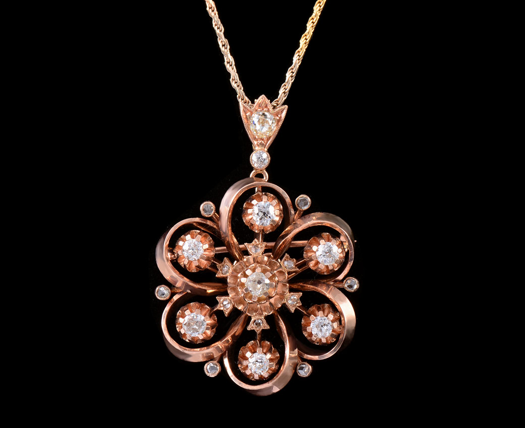 Appraisal: ROSE GOLD ANTIQUE DIAMOND PENDANT NECKLACE Ca A classic that