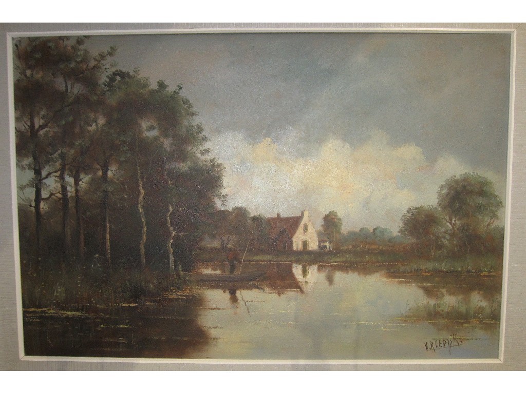 Appraisal: Oil on canvas landscape with a lake to the foreground