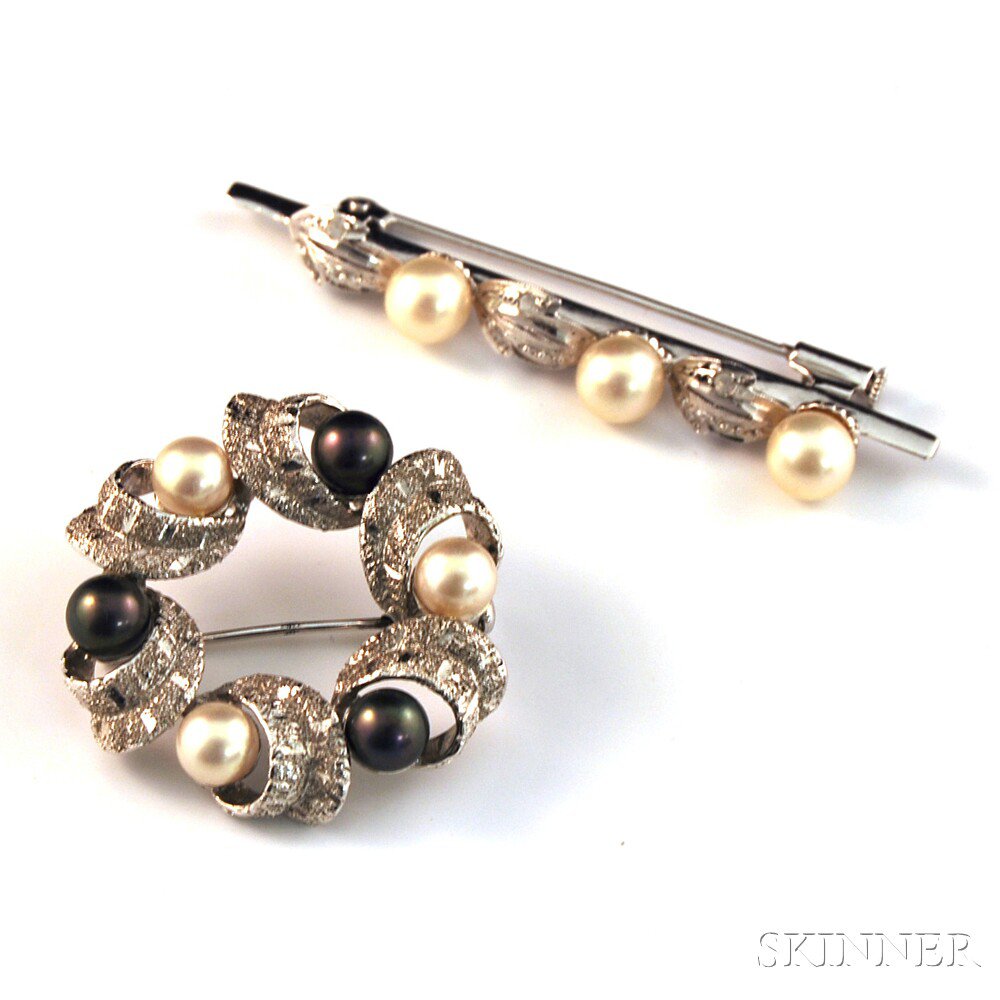 Appraisal: Two Pieces of Low-karat White Gold and Pearl Jewelry a