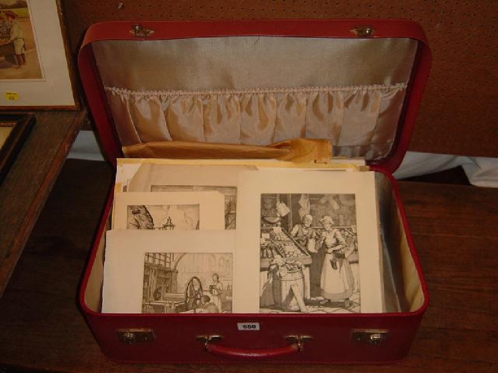 Appraisal: A suitcase containing an interesting collection of watercolours and etchings