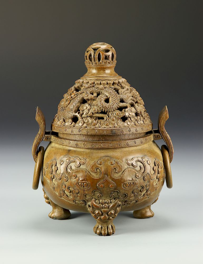 Appraisal: Chinese Bamboo Censer With tripod footed base carved attached ring