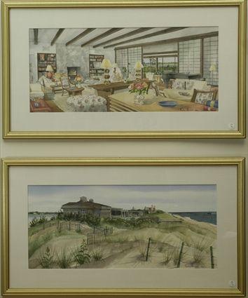 Appraisal: Theodore Hancock Interior Scene together with Beach House View Watercolors