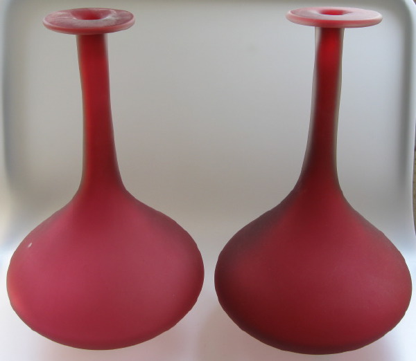 Appraisal: Tall Pair of Continental Blown and Frosted Cranberry Glass Tall-Neck