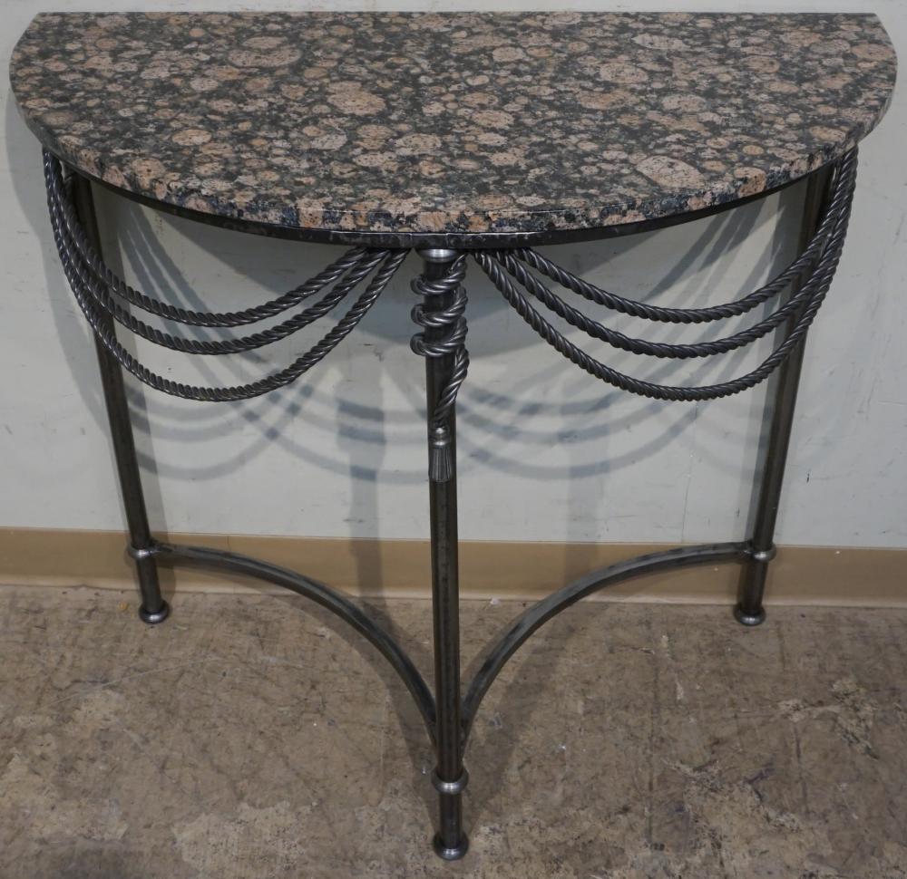 Appraisal: Italian Neoclassical Style Patinated Metal and Marble Top Demilune Console