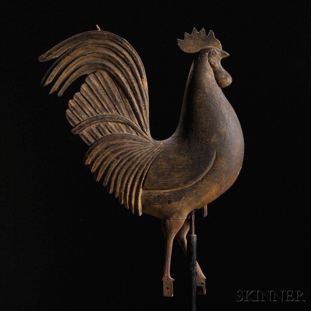 Appraisal: Carved Wooden Rooster Weathervane America c - flattened full-body figure