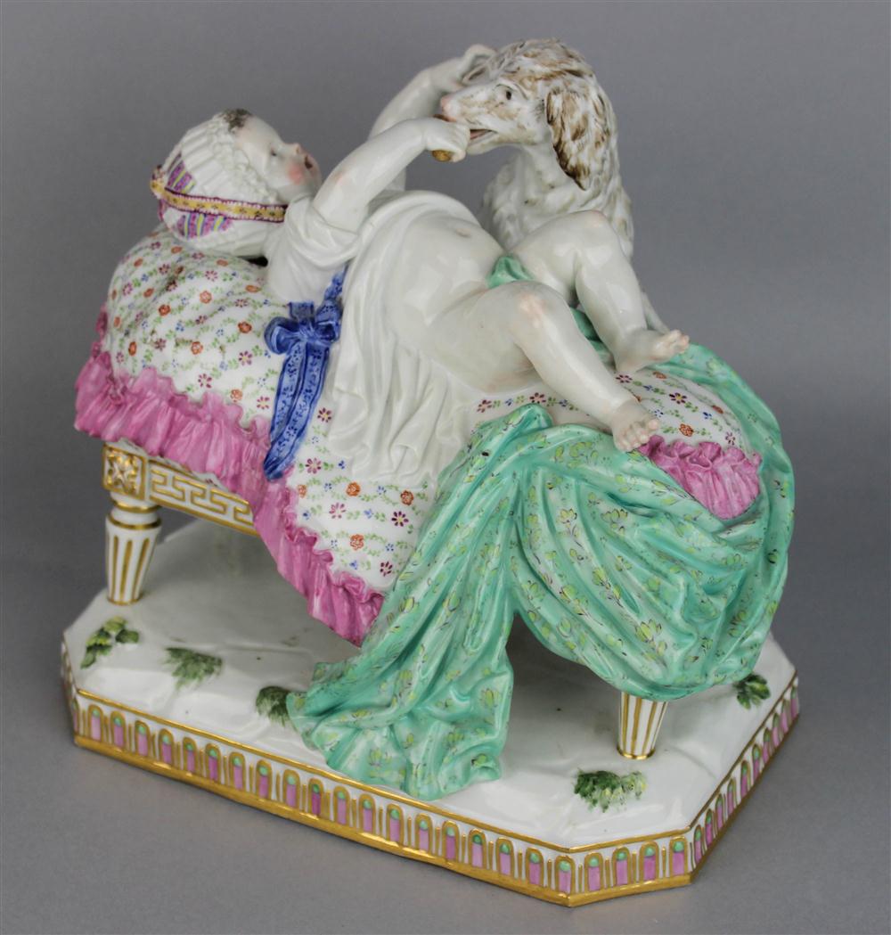 Appraisal: MEISSEN STYLE FIGURE OF A BABY AND A SPANIEL 'LA