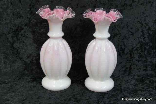 Appraisal: Pair 's Fenton Glass Peach Crest '' VasesProduced by Fenton