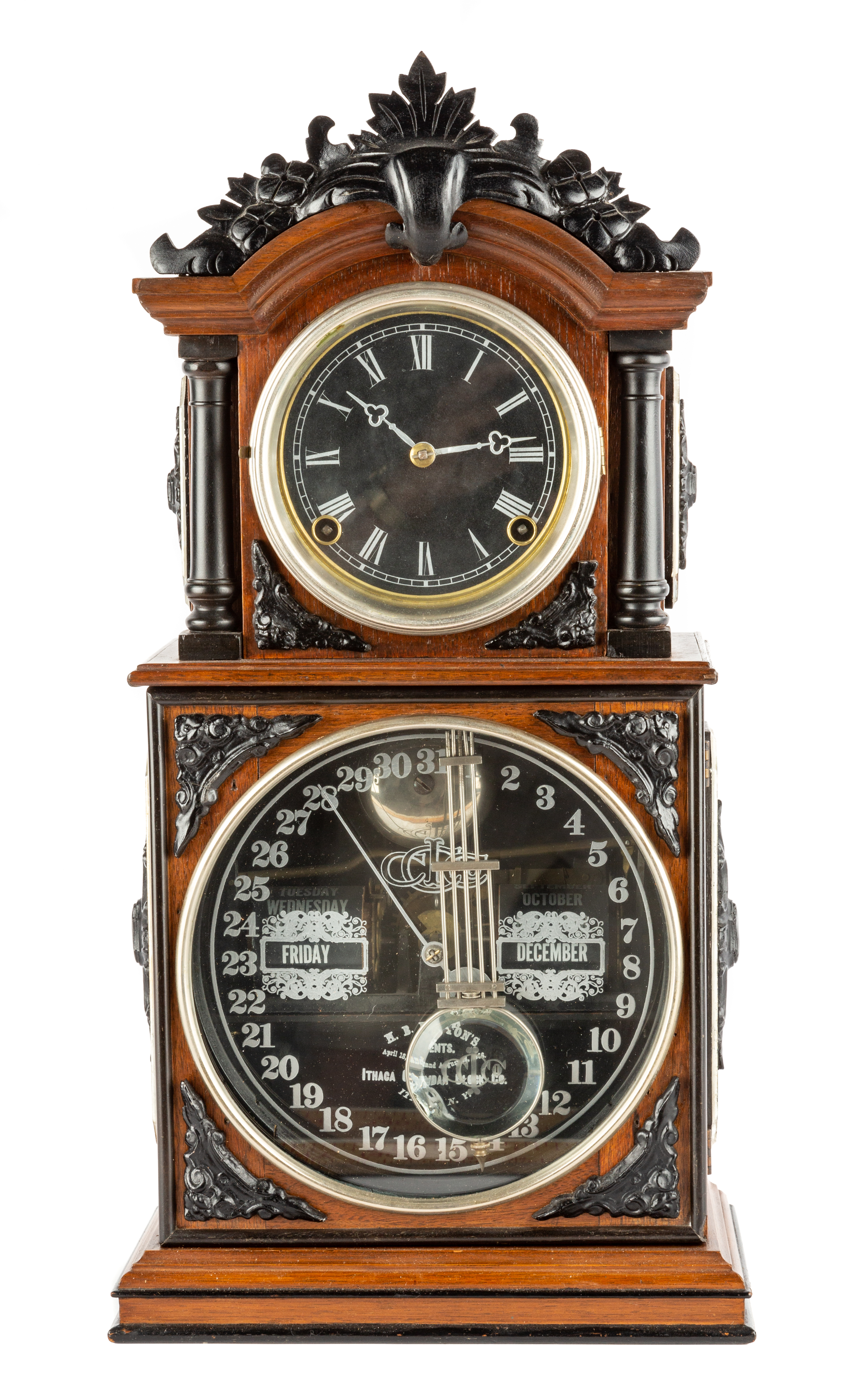 Appraisal: ITHACA PARLOR CALENDAR SHELF CLOCK Walnut case with carved and