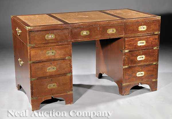 Appraisal: An English Mahogany Campaign Desk th c tripartite inset tooled